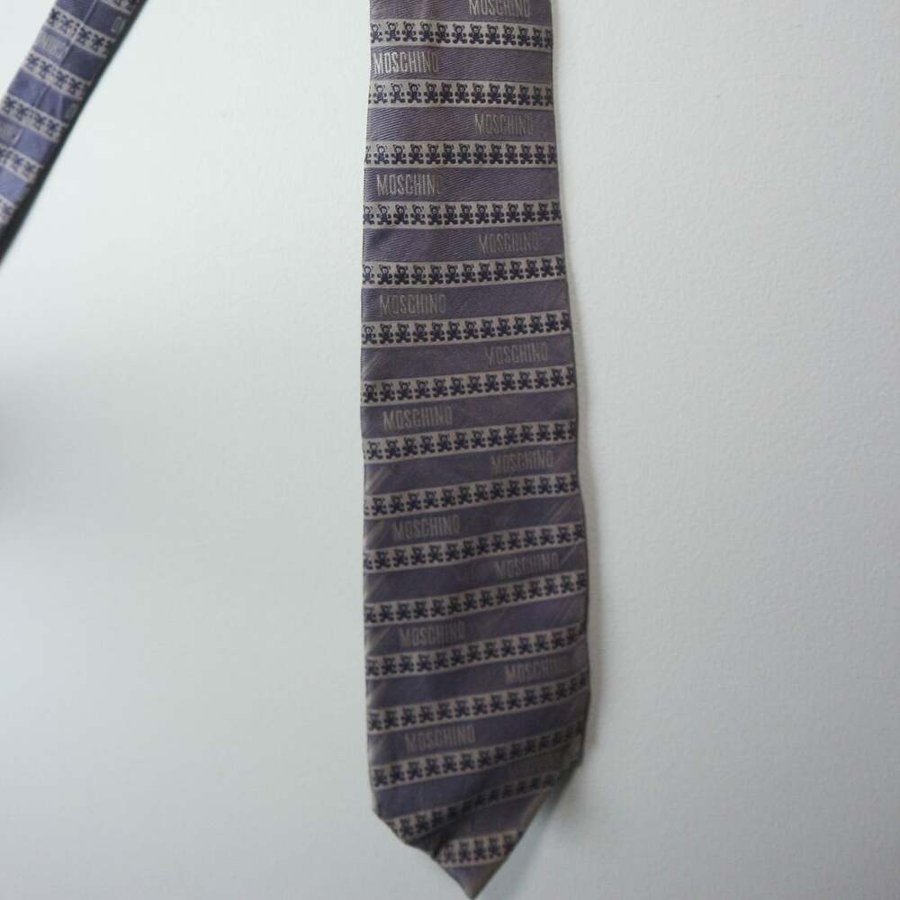 Moschino Purple Grey Silk Tie Teddy Bear Logo Pattern Necktie